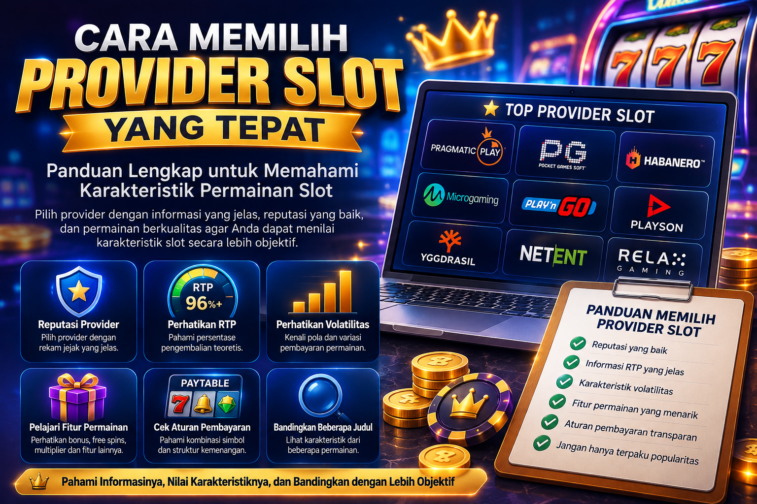 Cara memilih provider slot yang tepat berdasarkan reputasi, RTP, volatilitas, fitur, dan aturan pembayaran