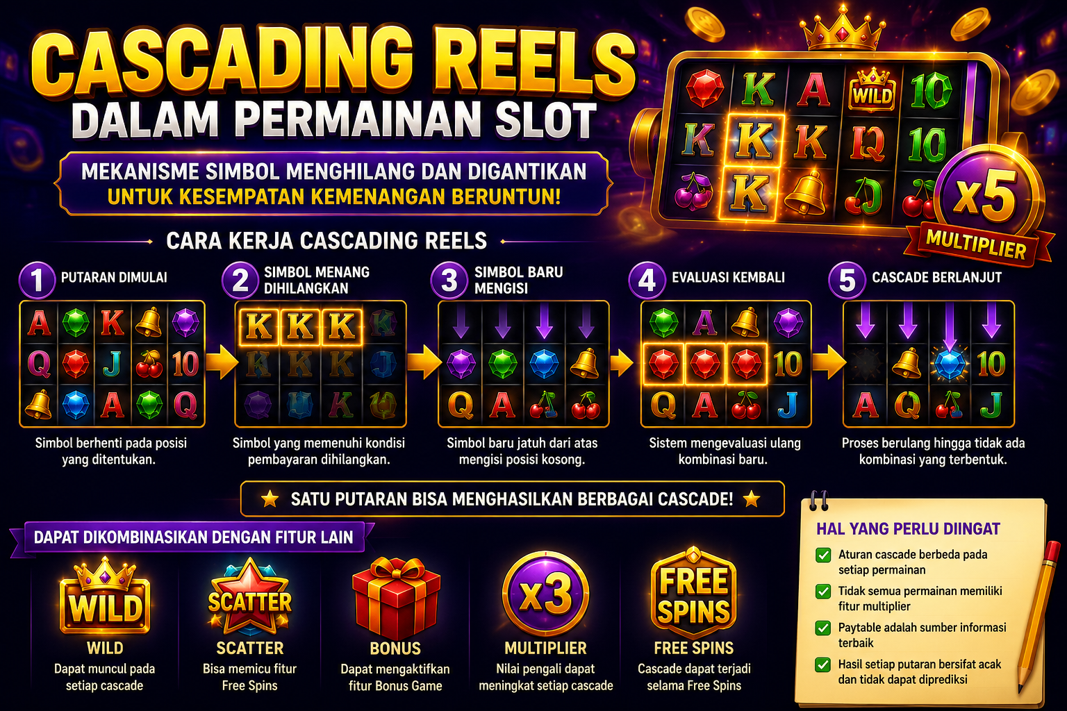 Ilustrasi cara kerja Cascading Reels dalam permainan slot