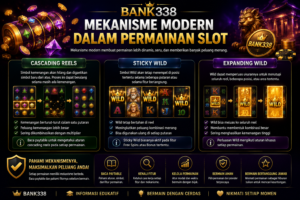 Ilustrasi mekanisme modern permainan slot seperti cascading reels, sticky wild, dan expanding wild