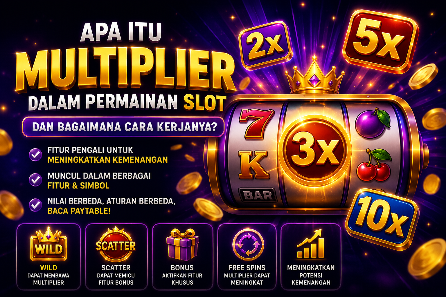 Ilustrasi multiplier dalam permainan slot dengan pengali 2x, 3x, 5x, dan 10x