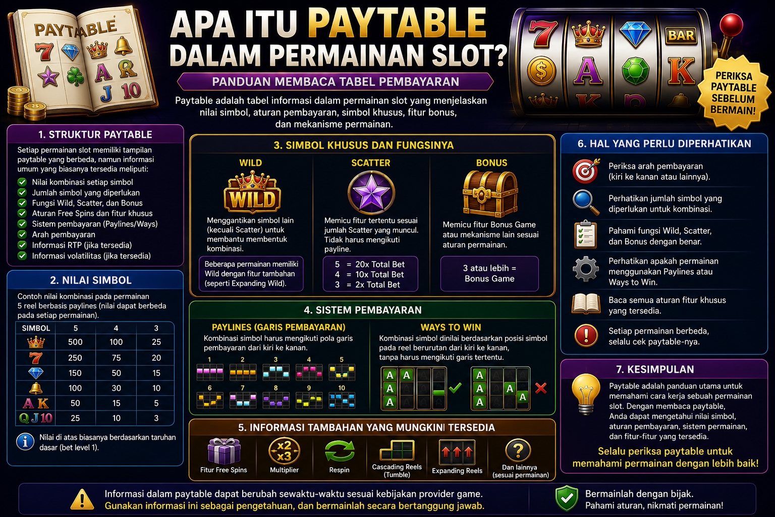 Infografis cara membaca paytable dalam permainan slot