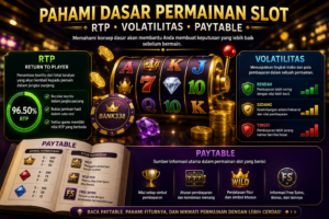 Ilustrasi RTP, volatilitas, dan paytable dalam permainan slot BANK338