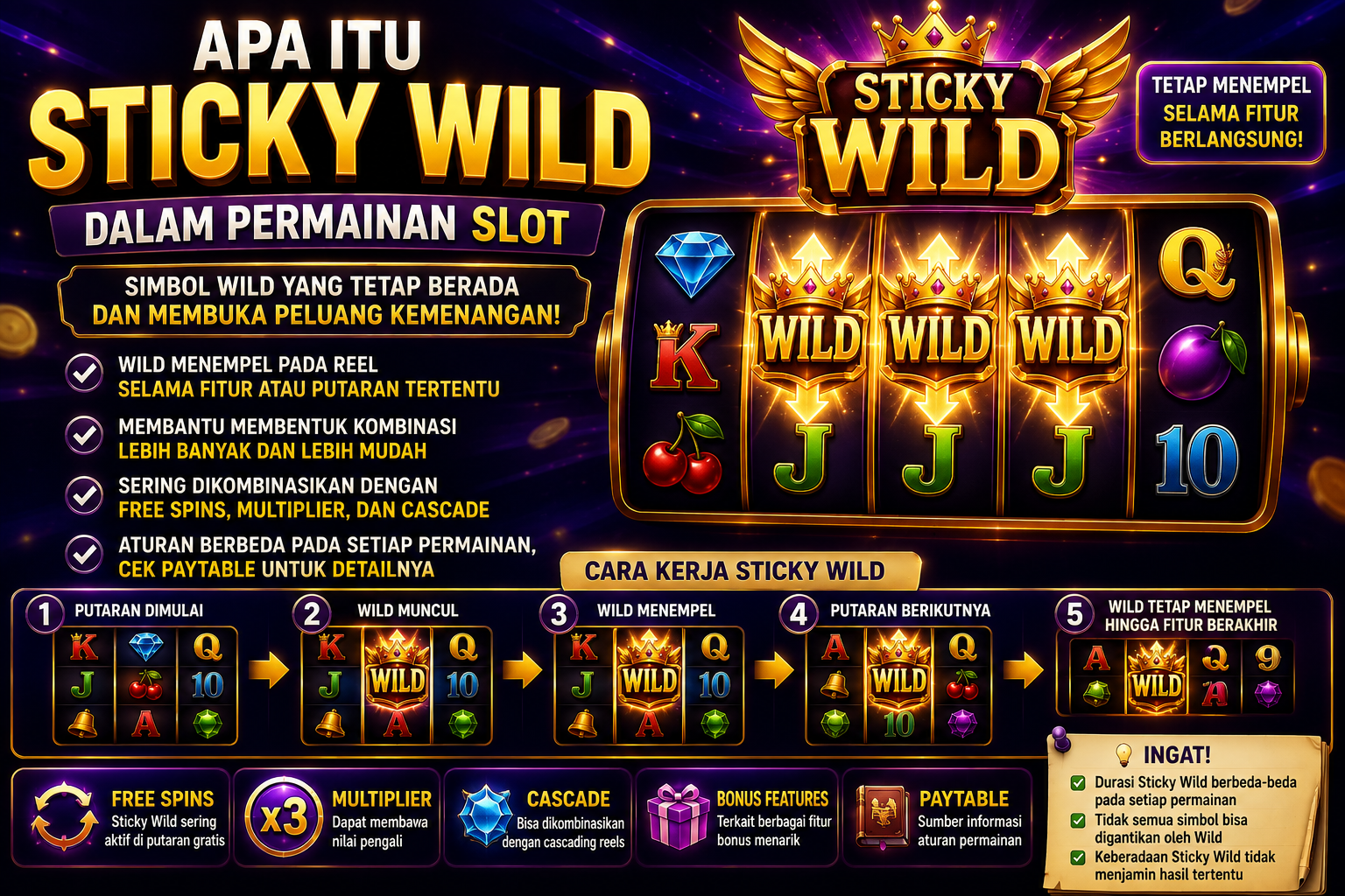 Ilustrasi cara kerja Sticky Wild dalam permainan slot